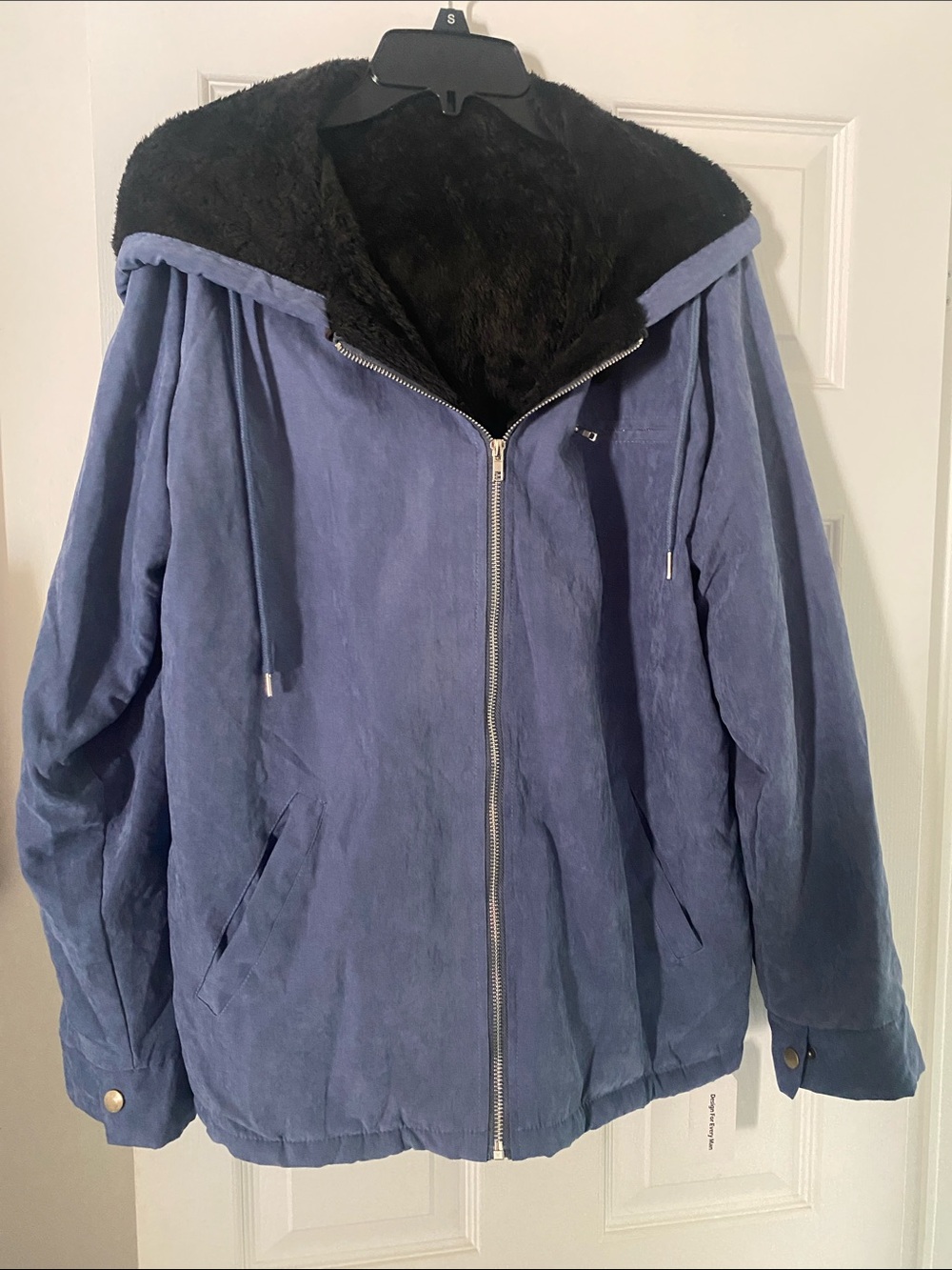 Men’s Navy Hooded Faux-Shearling Bomber Jacket